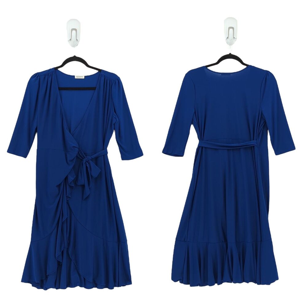 KIYONNA Women M Whimsy Wrap Dress Cobalt Blue Tiered VNeck Crossover Stretch NEW